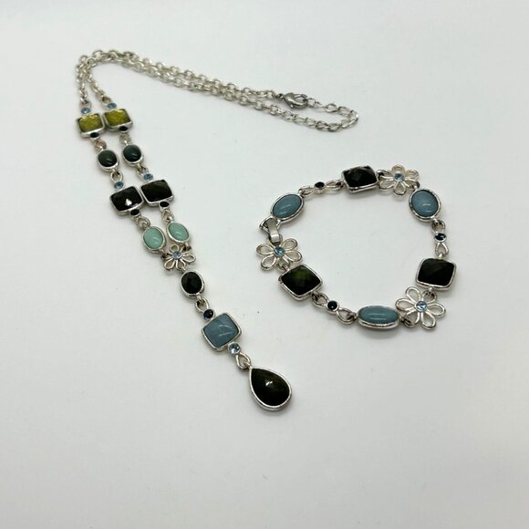 Estate Jewelry - Multi Color Link Chocker Necklace & Bracelet Set Silver Setting With Multi Color